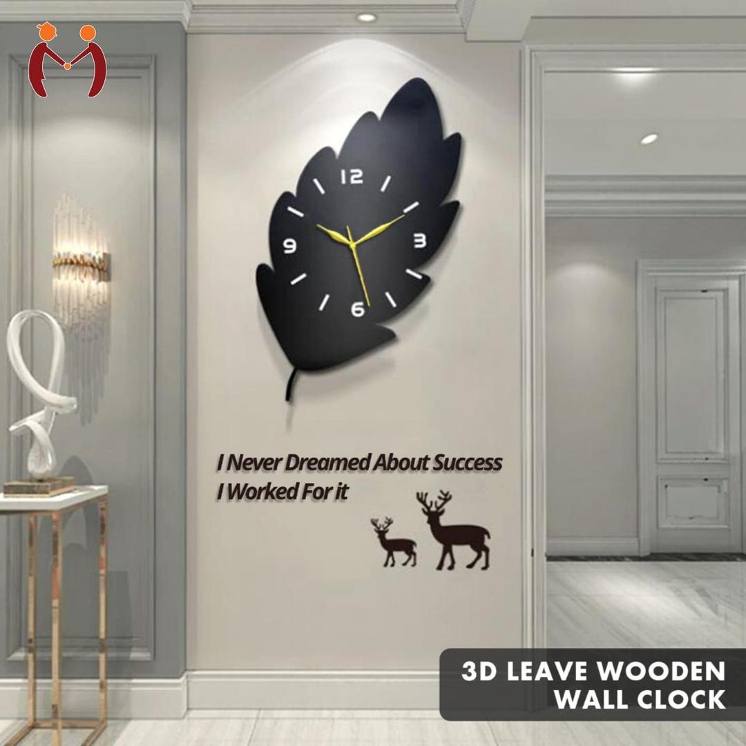 3D Leaf Wooden Wall Clock Black Golden Hands