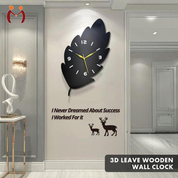 3D Leaf Wooden Wall Clock Black Golden Hands