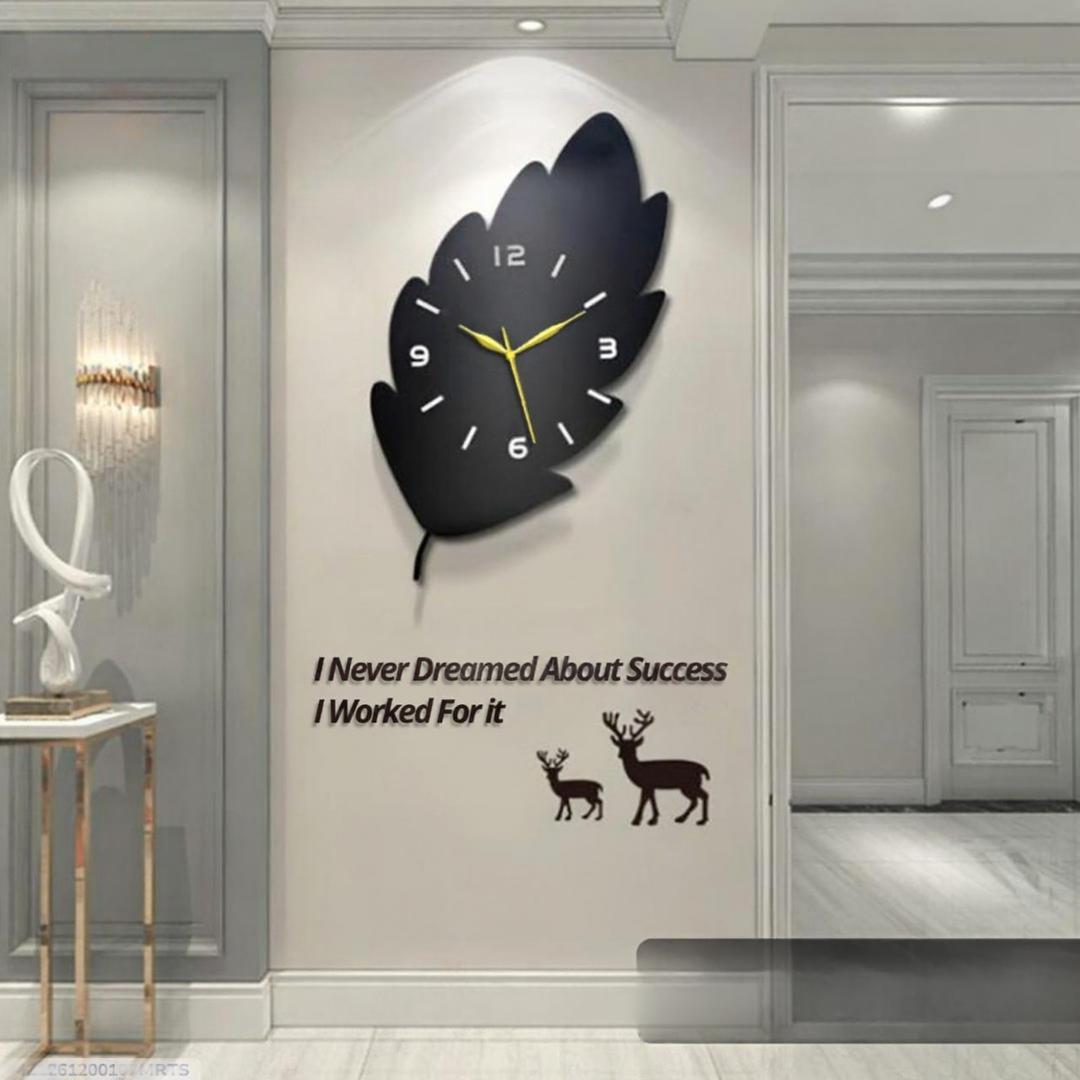 3D Leaf Wooden Wall Clock Black Golden Hands