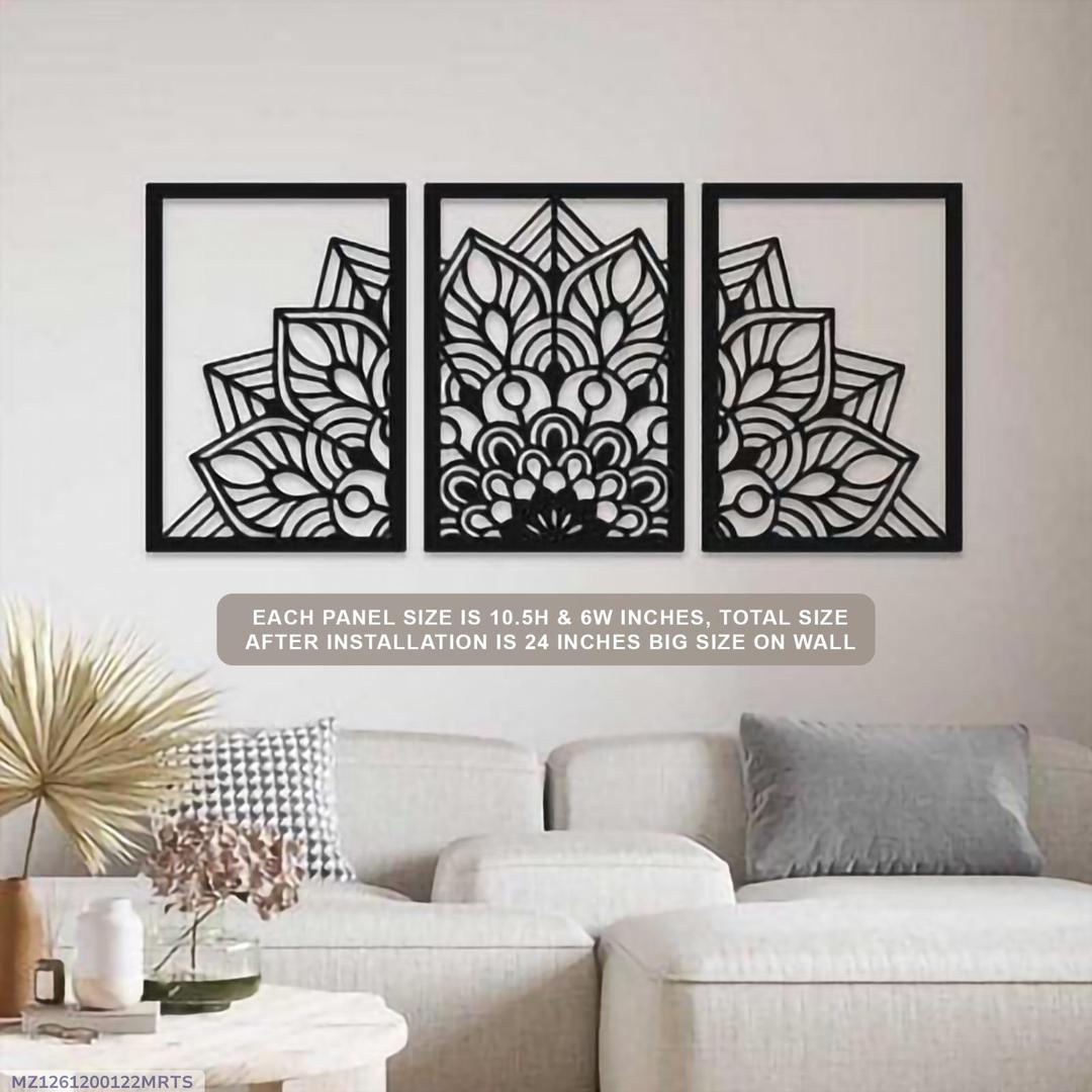 3D Laser Cut Mandala Wall Art Set Modern Black Wood 24"