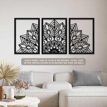3D Laser Cut Mandala Wall Art Set Modern Black Wood 24"