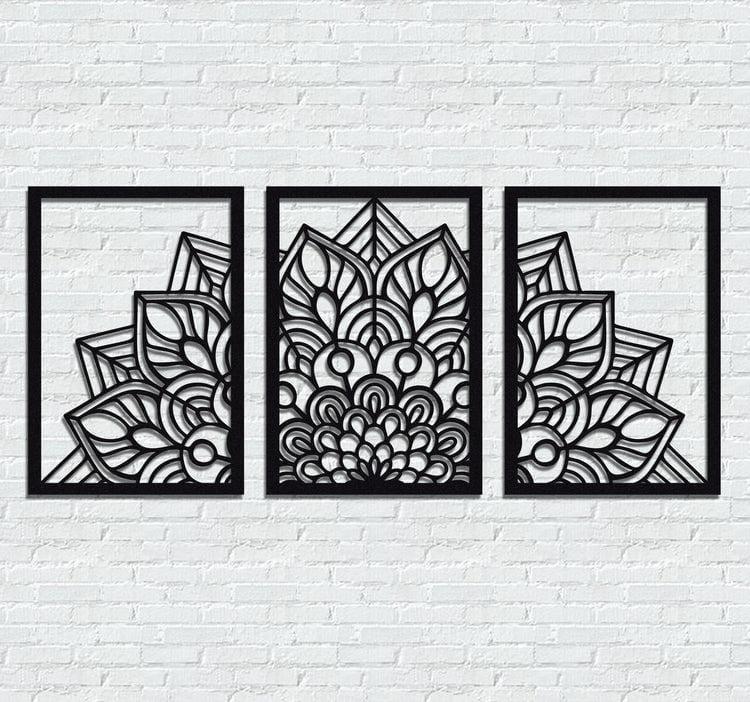 3D Laser Cut Mandala Wall Art Set Modern Black Wood 24"