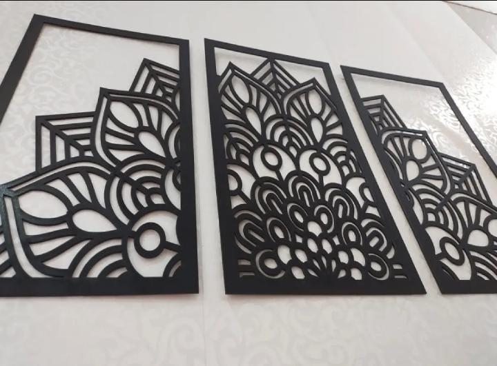 3D Laser Cut Mandala Wall Art Set Modern Black Wood 24"