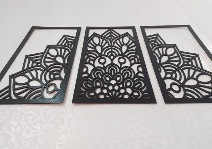 3D Laser Cut Mandala Wall Art Set Modern Black Wood 24"