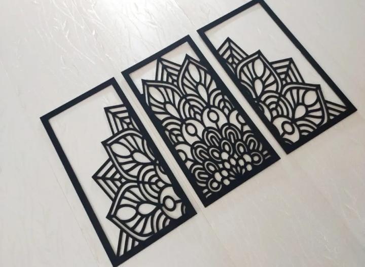 3D Laser Cut Mandala Wall Art Set Modern Black Wood 24"